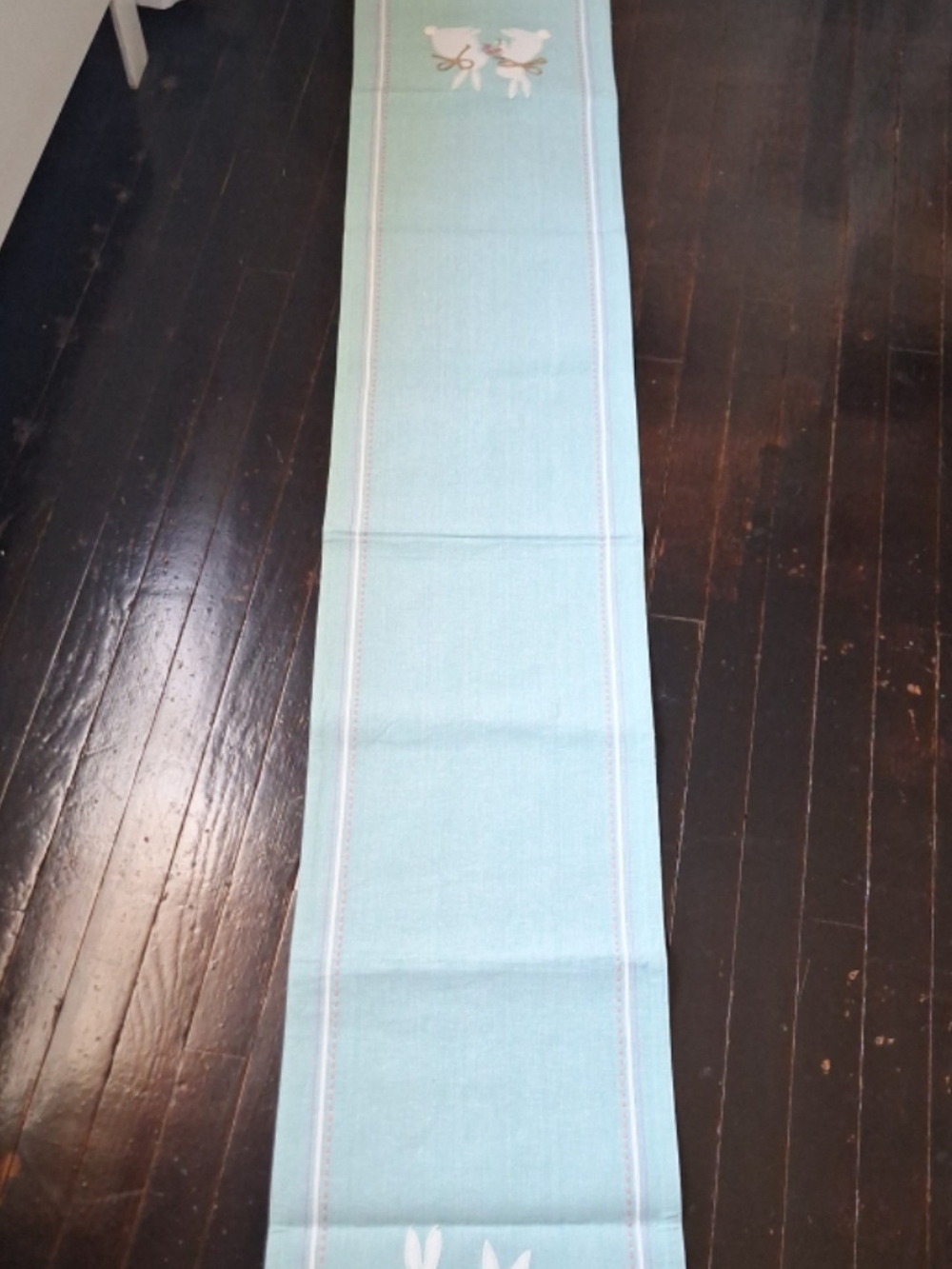 Light Blue Cotton Table Runner with Bunny Motif With Plaid Backing.used Both Sid